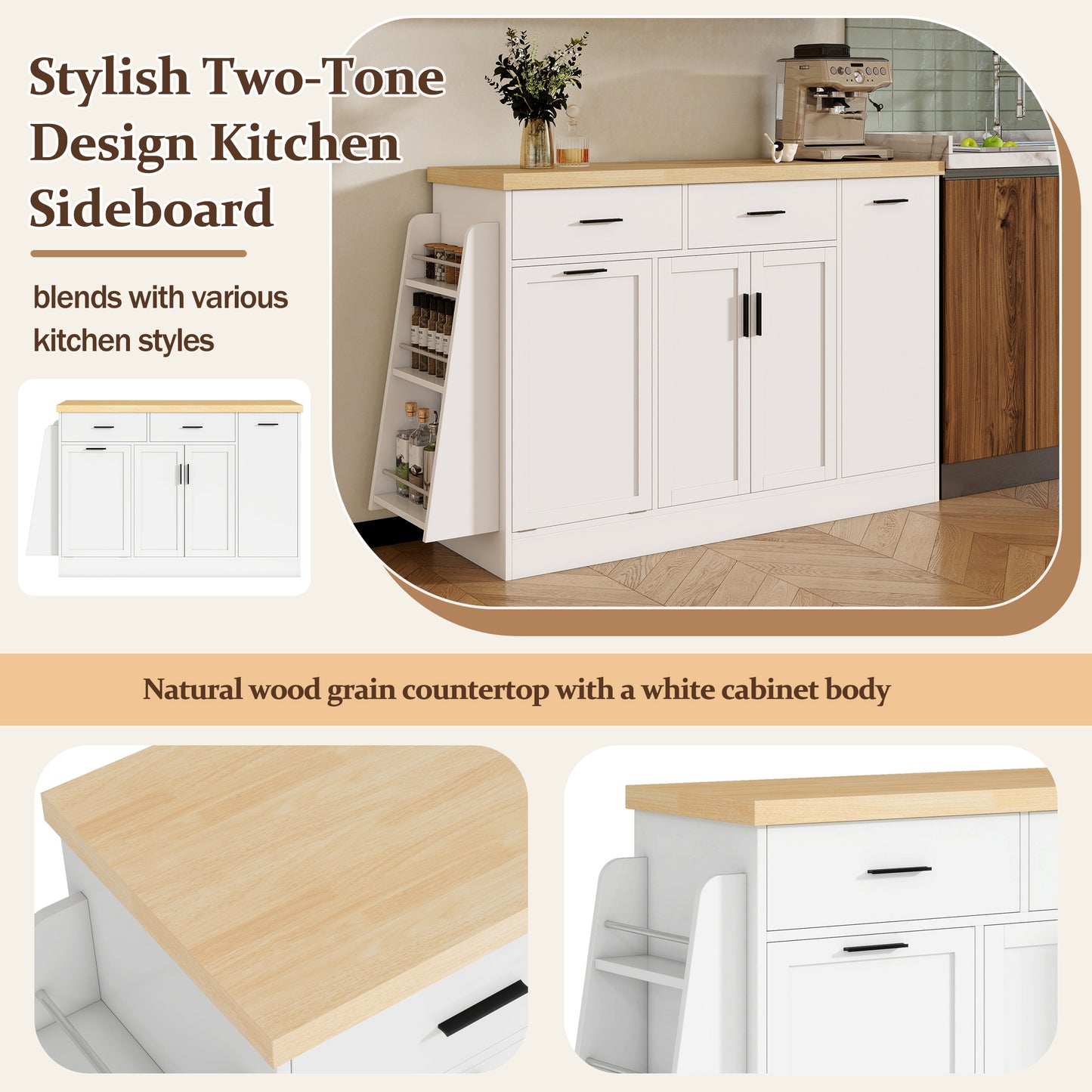 TREXM Multi-Functional Storage Sideboard  Trash Can Storage  Sliding Door Cabinet & 3-Tier Spice Rack Kitchen Island Table For Kitchen  Dining Room  White