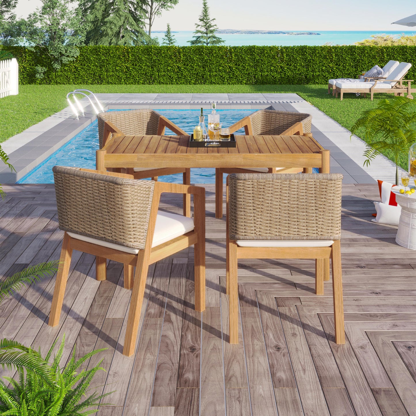 Acacia Wood Outdoor Dining Set Of 5, Dining Furniture Set With 1 Table 4 Chairs, Teak And Beige