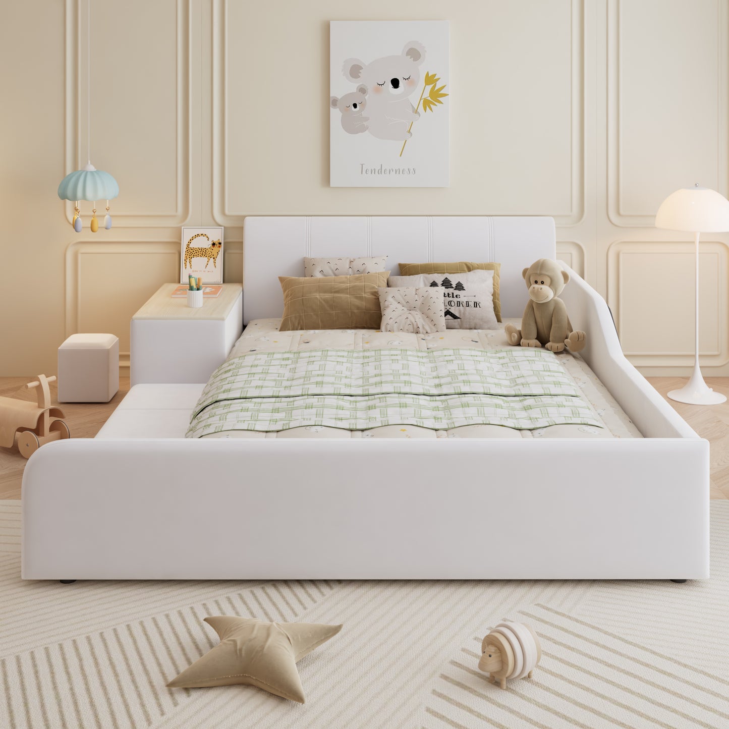 Upholstered Bed With Children's Desk And Stool, With Shelf, Soft Headboard, Children's Bed With Wooden Slats, Velvet, White, 140x200cm