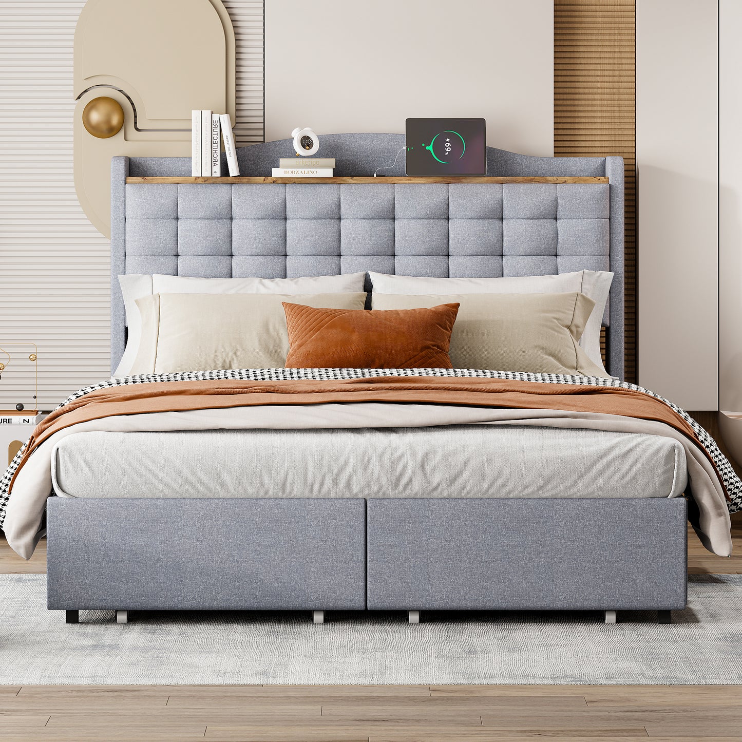 Upholstered Bed 140x200 Cm, Bedside Table With USB Charging Port And Shelf, Double Flat Bed With 4 Drawers, Linen Fabric Grey