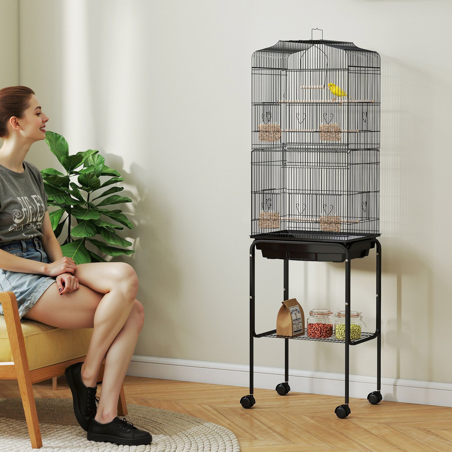 PawHut Bird Cage Budgie Cages For Finch Canary Parakeet With Stand Wheels Slide-out Tray Accessories Storage Shelf, Black 46.5 X 36 X 157 Cm