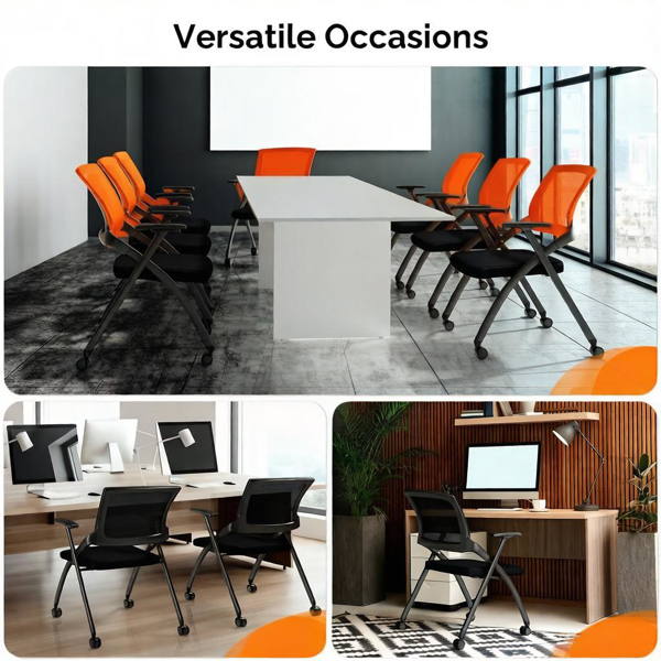 1 Pack Stackable Conference Room Chairs With Wheels,Folding Office Chair With Rebound Back,Padded Seat For Training Room,Guest,Reception,Event,Capacity 350lbs,Orange