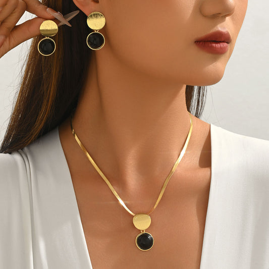 European American Fashion Women Jewelry Set, Unique Interlocking Ring Pearl Inlaid Earrings & Versatile Snake Bone Chain Geometric Clavicle Necklace, Daily Fashion Accessories