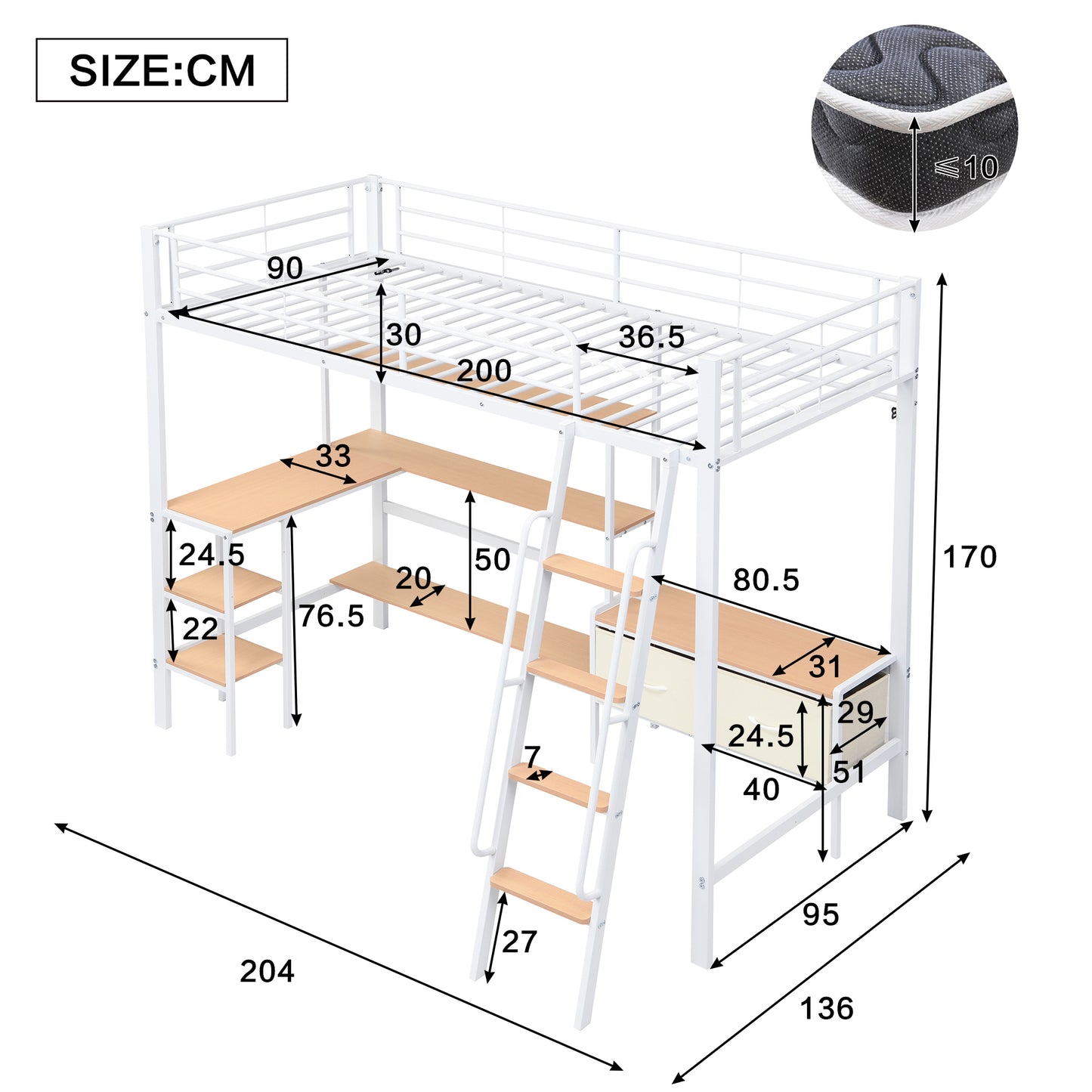 Iron Bed, Loft Bed, Including Two Fabric Storage Boxes, With Desk And Storage Shelf, Four-Story Inclined Staircase, Iron  MDF, White Natural, 90x200cm