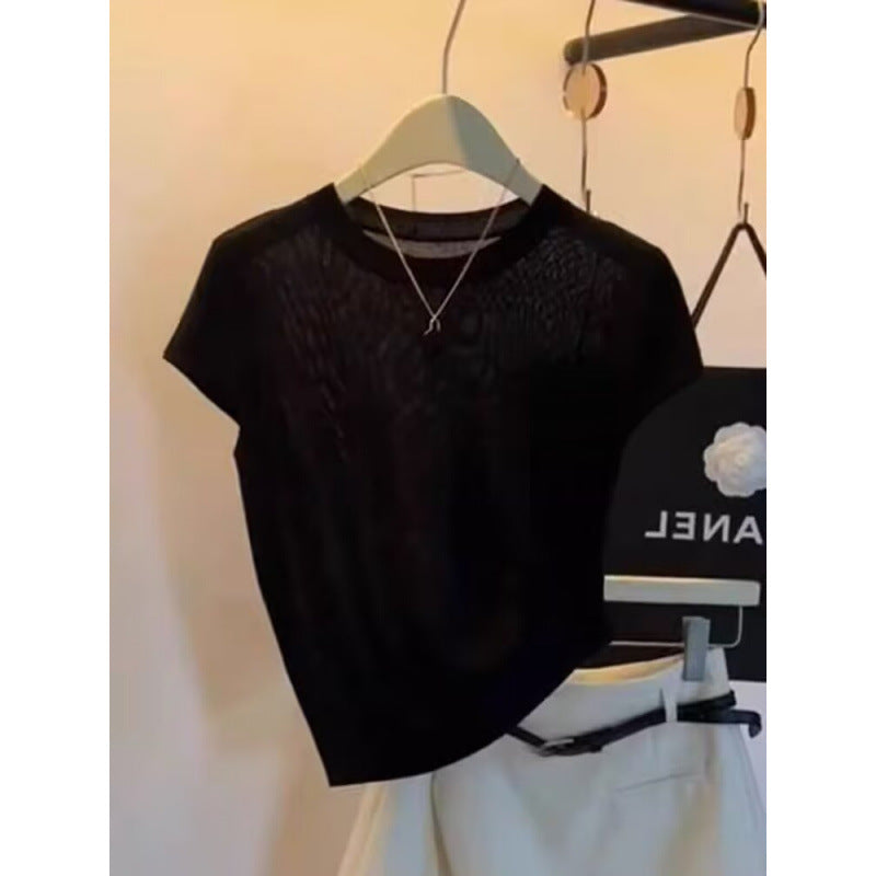 Korean-style Elegant Round-neck Minimalist Knitted Short-sleeve Top For Women