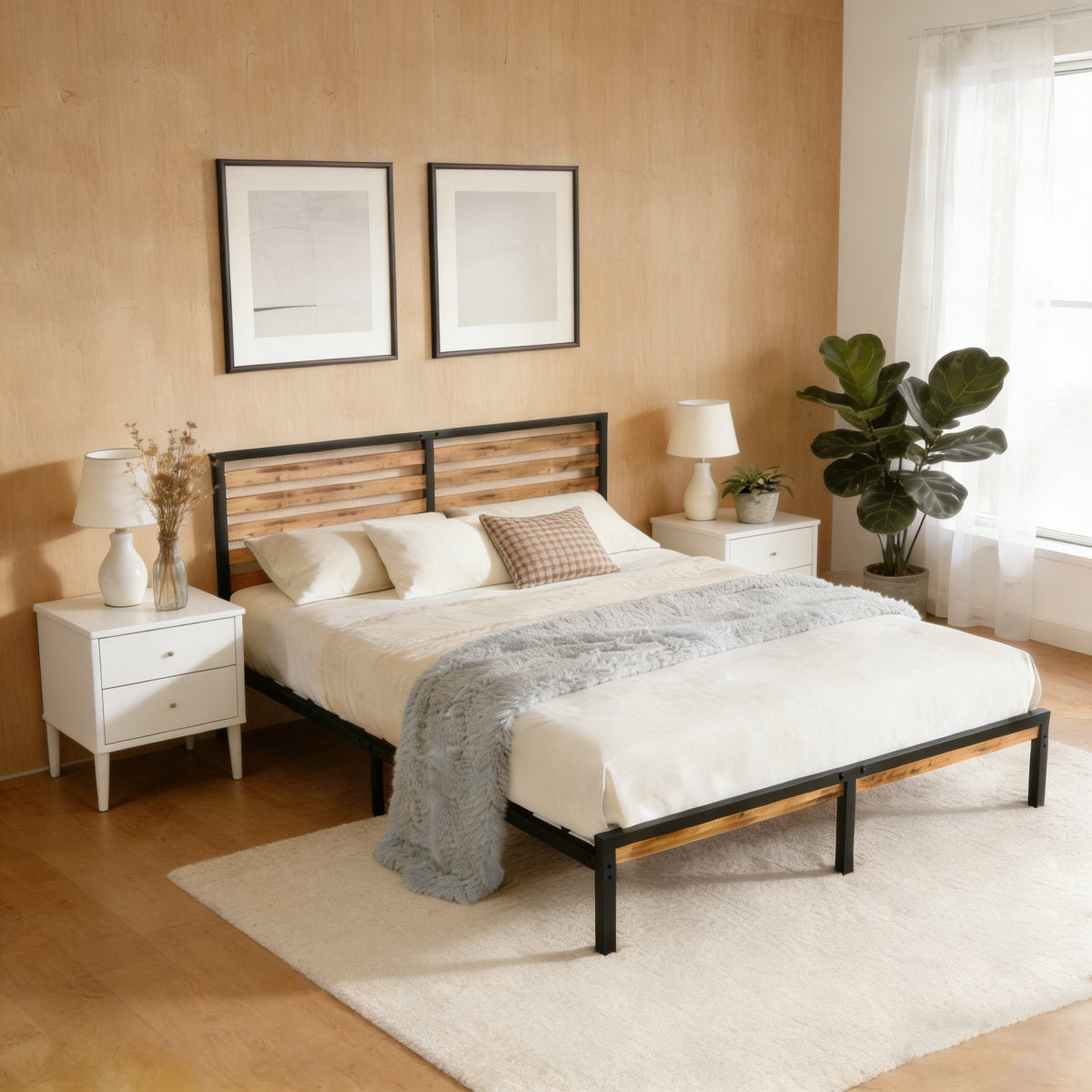 Full Size Bed Frame With Wood Headboard, Heavy Duty Metal Platform Bed With Under Bed Storage, Noise-Free Mattress Foundation With Slats, No Box Spring Needed,  Rustic Brown & Black
