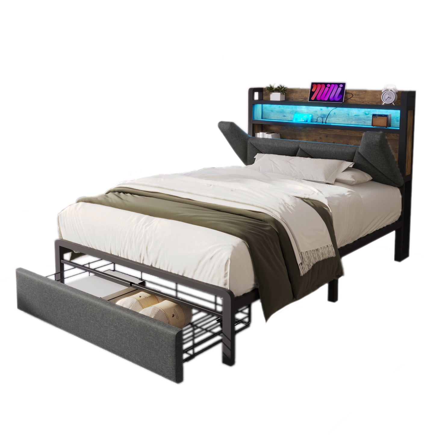 Upholstered Single Bed With LED Lighting, USB Type-C Charging Function, Storage Headboard And Drawers,  3ft Single Bed 90 X 190 Cm, Storage Bed Frame With Metal Slatted Frame,Linen, Grey