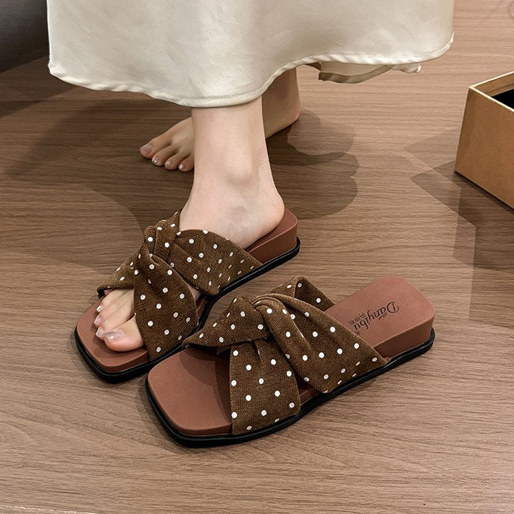French Polka Dot Cross Belt One Line Slippers For Women's Summer Outdoor Wear Vacation Fairy Style Beach Sandals