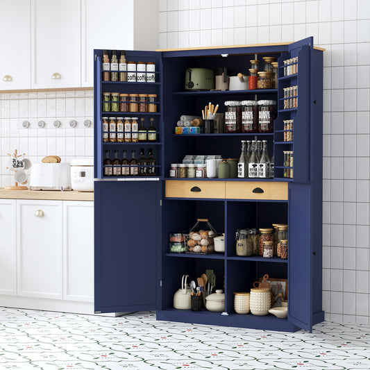 TOPMAx 40.2x20x71.3inch High Freestanding Kitchen Pantry Large Cupboard Storage Cabinet With 2 Drawers  2 Adjustable Shelves  8 Door Shelves For Kitchen  Dining Room Blue