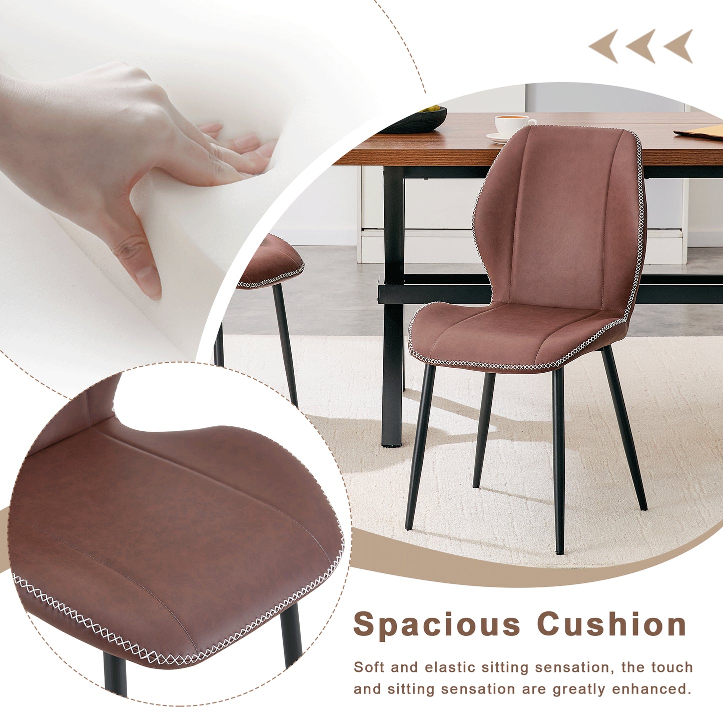 4-Pack Reddish-brown Light Luxury Household PU Leather Dining Chairs. Multiple Colors Available, With Black Metal Legs And Adjustable Feet, Suitable For Dining Room, Study & Office ,etc.