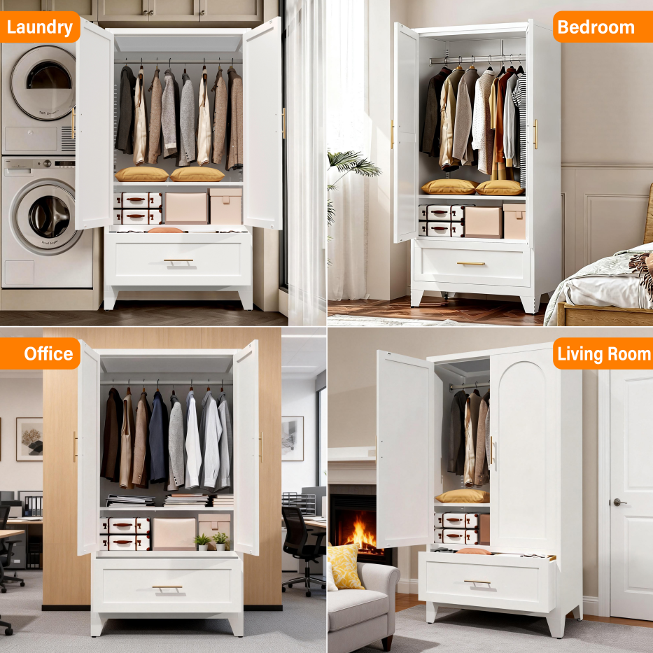 60inch Tall Metal Wardrobe Cabinet With 1 Drawer And Hanging Rod, 2 Doors Wardrobe Closet With Shelf For Bedroom, Office, Laundry Room,Entryway ,Foyer,Guesthouse White