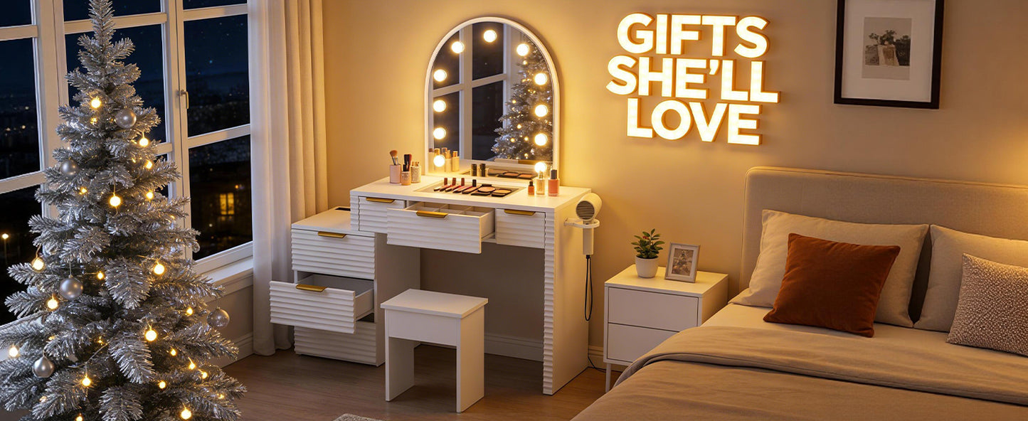 Makeup Vanity Desk With Mirror Lights Glass Tabletop 3 Lighting Modes Adjustable Vanity Table Modern Makeup Desk With Chair Power Outlet And 6 Drawers For Bedroom
