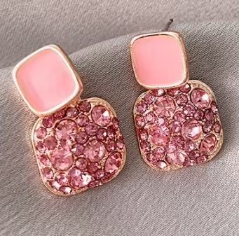 Korean Retro Purple Square Full Rhinestone Enamel Dangle Earrings, New Trendy Temperament Internet Celebrity Stud Earrings For Women