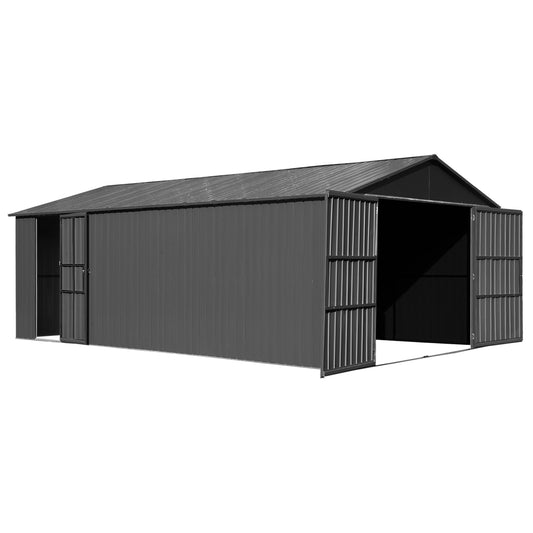12x20FT Outdoor Metal Garage Shed, Extra Large Metal Carport With Lockable Double Hinged Doors, Heavy Duty Car Shelter For Car, Truck, Motorcycle And Lawn Equipment, Dark Grey