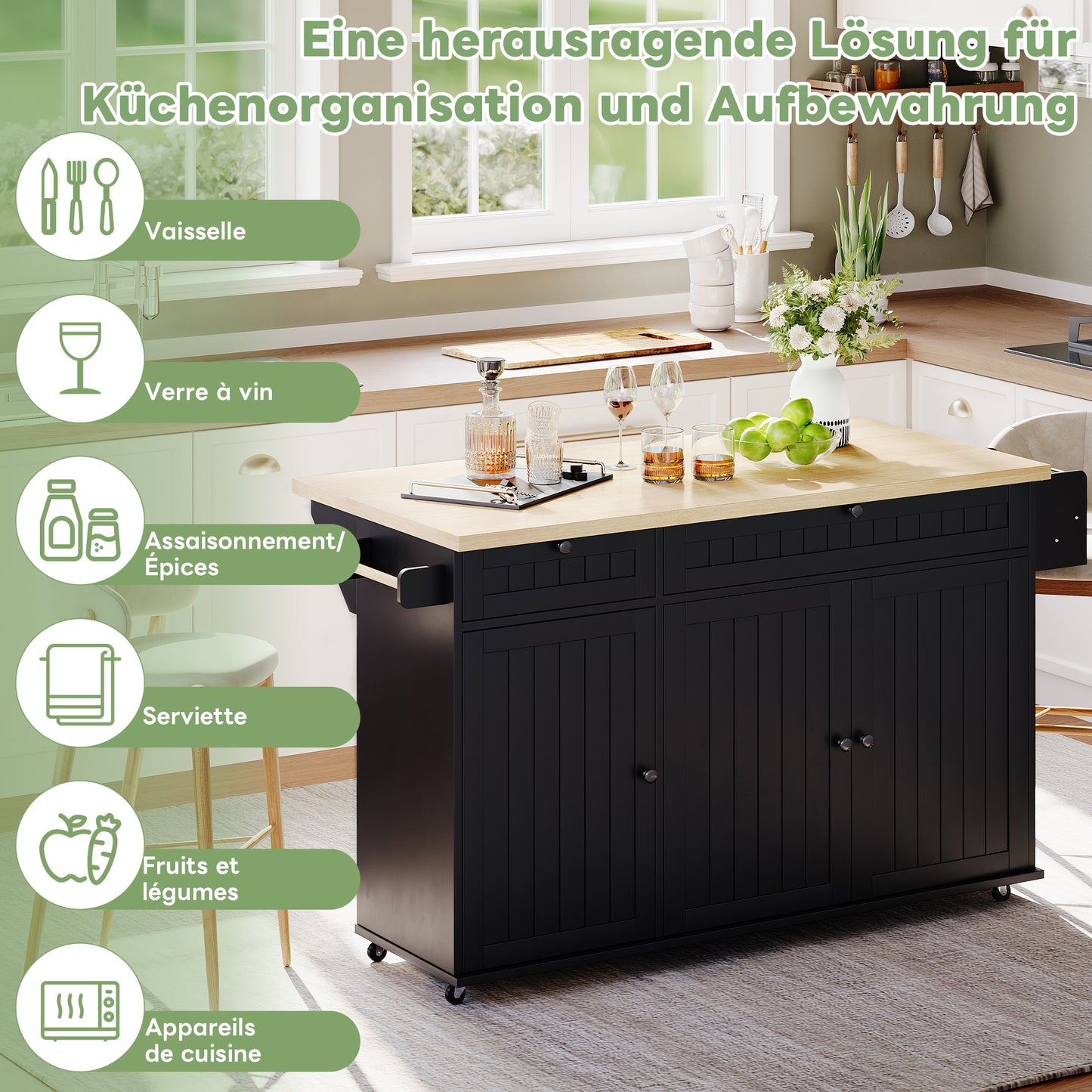 Kitchen Island With Folding Worktop, Kitchen Cabinet On 6 Lockable Castors, With Shelf, Door Shelf, 2 Large Drawers And Cabinet, Black, 137 X 89.5 X 45 Cm