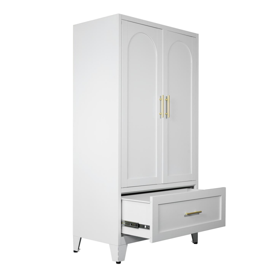 60inch Tall Metal Wardrobe Cabinet With 1 Drawer And Hanging Rod, 2 Doors Wardrobe Closet With Shelf For Bedroom, Office, Laundry Room,Entryway ,Foyer,Guesthouse White