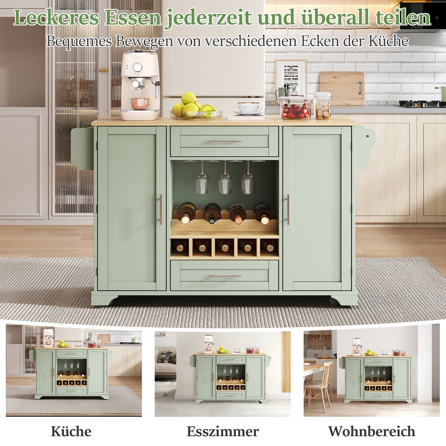 Kitchen Trolley With Folding Worktop, Kitchen Island On Wheels With Wine Rack, Glass Holder, Spice Rack & Towel Rack, 120x45 70x92cm, Green  Multifunctional Serving Trolley With Storage