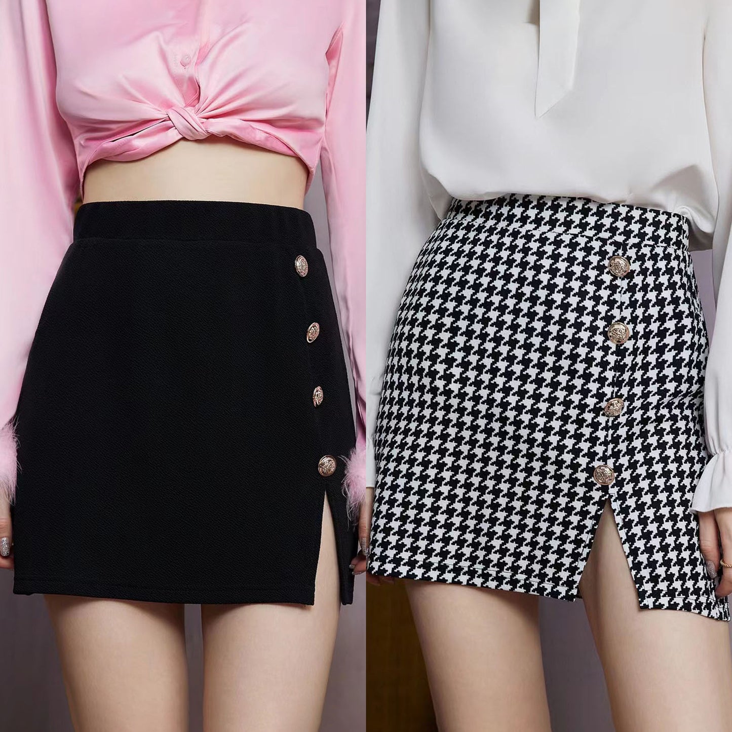 Houndstooth-buttoned Mid-length Body-hugging High-waisted Skirte Legant