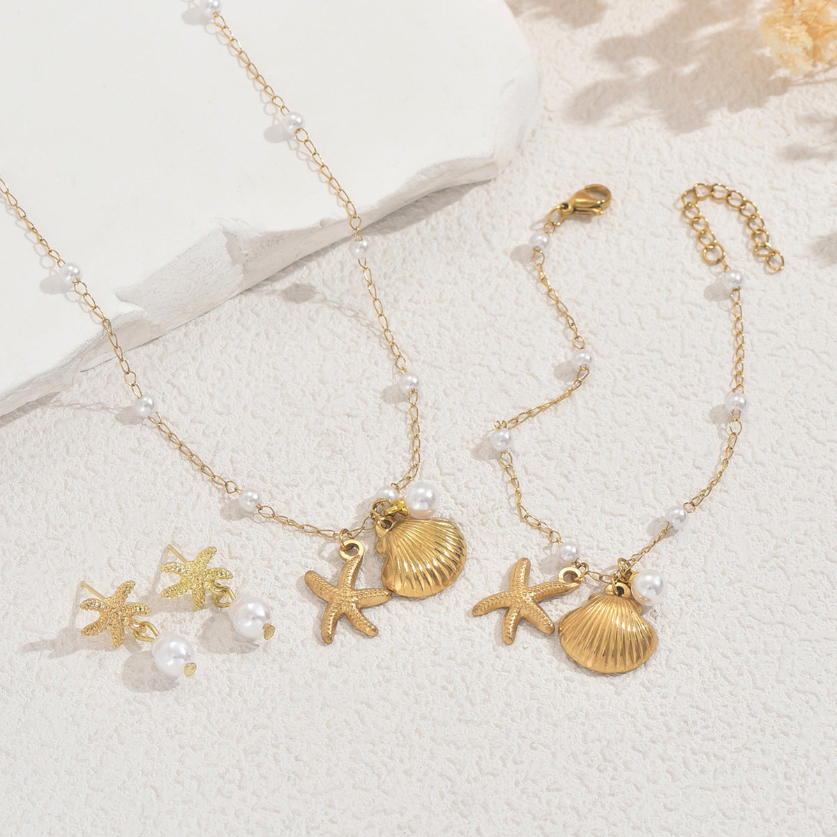 Cross-border European American Ocean Style Women Jewelry Set, Matching Necklace Earrings Bracelet With Shell & Faux Pearl, Trendy Versatile Beach Accessories For Ladies