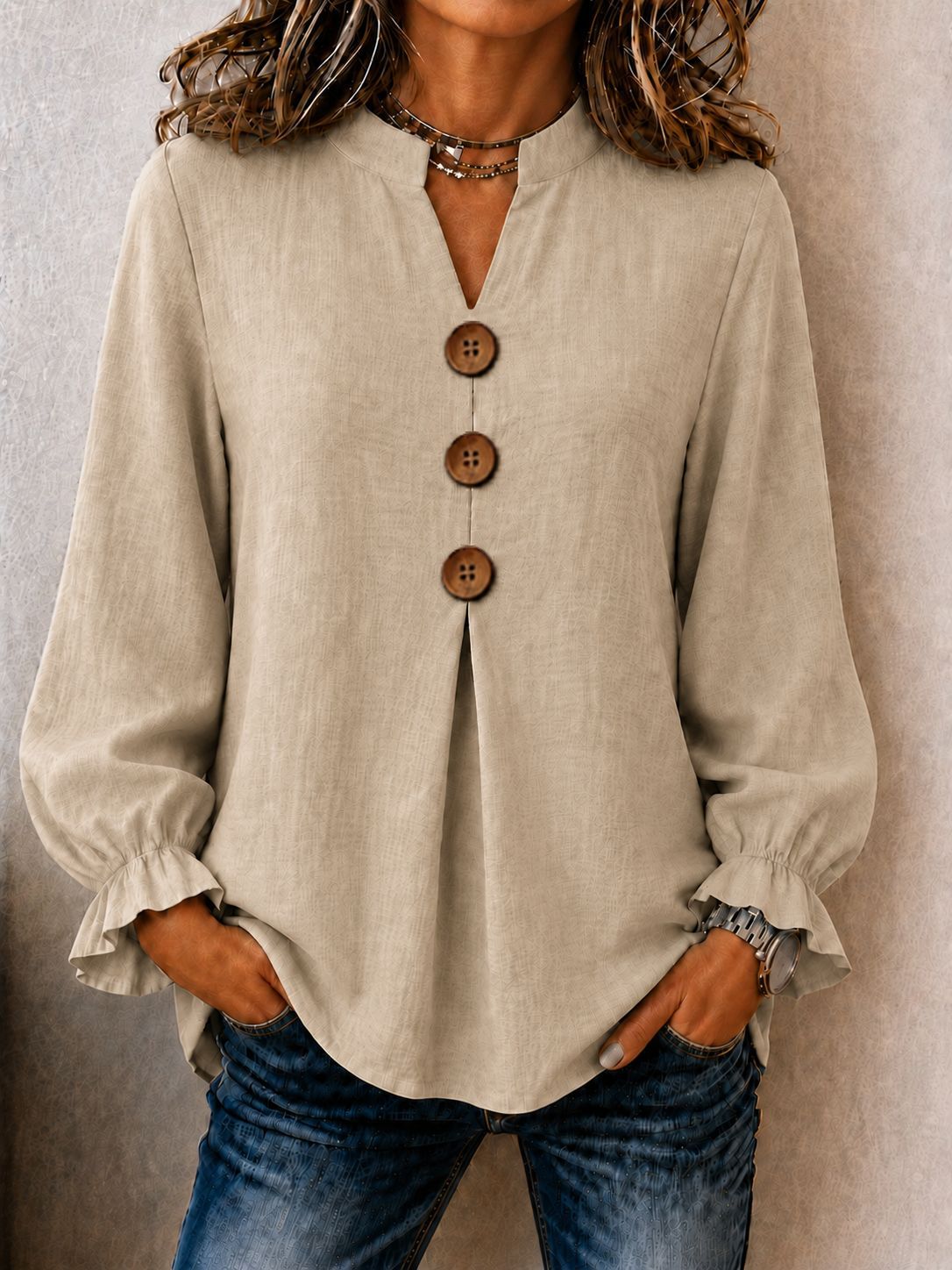New Womens Fashion Long-sleeve V-neck Solid-color Button-up Top For Fall And Winter