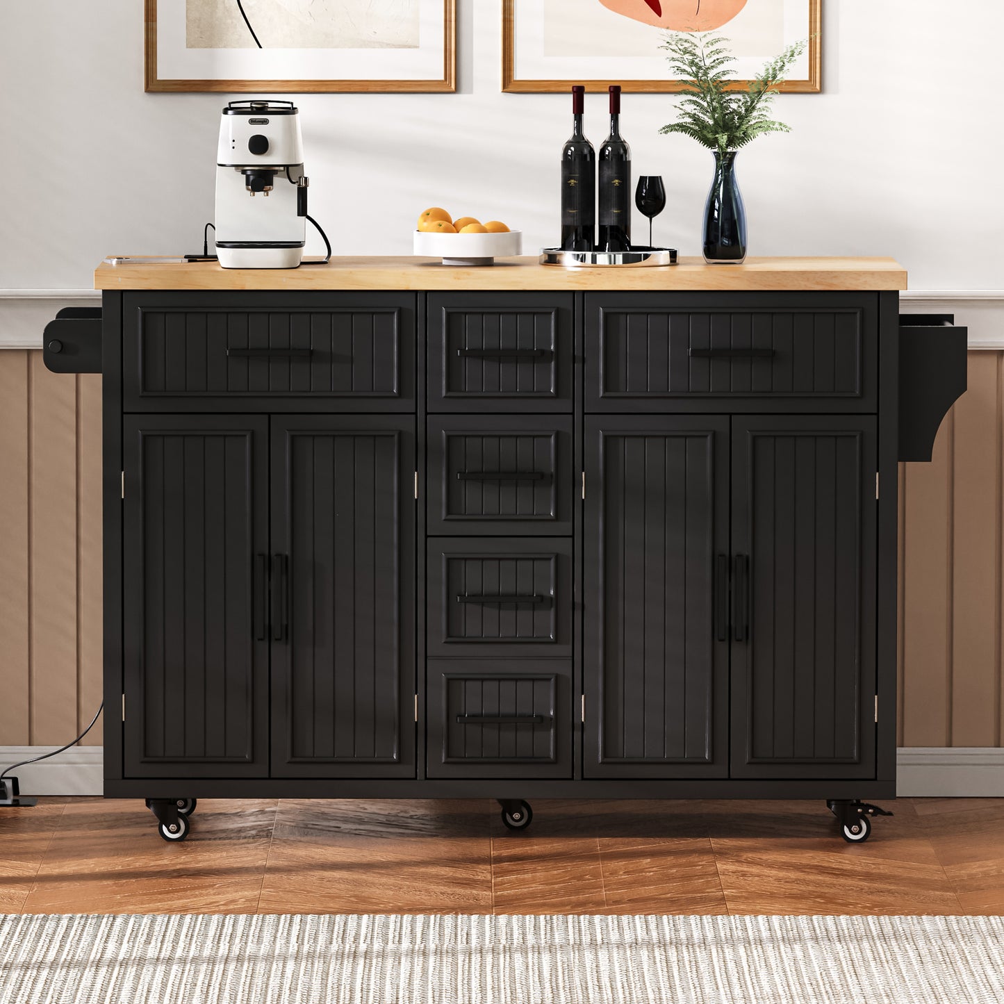 K&K 56.5   Kitchen Island With Drop Leaf, Power Outlet, Embossed Vertical Stripe Rolling Kitchen Cart On Wheels With 4 Doors , 5 Deep Drawers And Adjustable Shelves, For Kitchen, Dining Room, Black