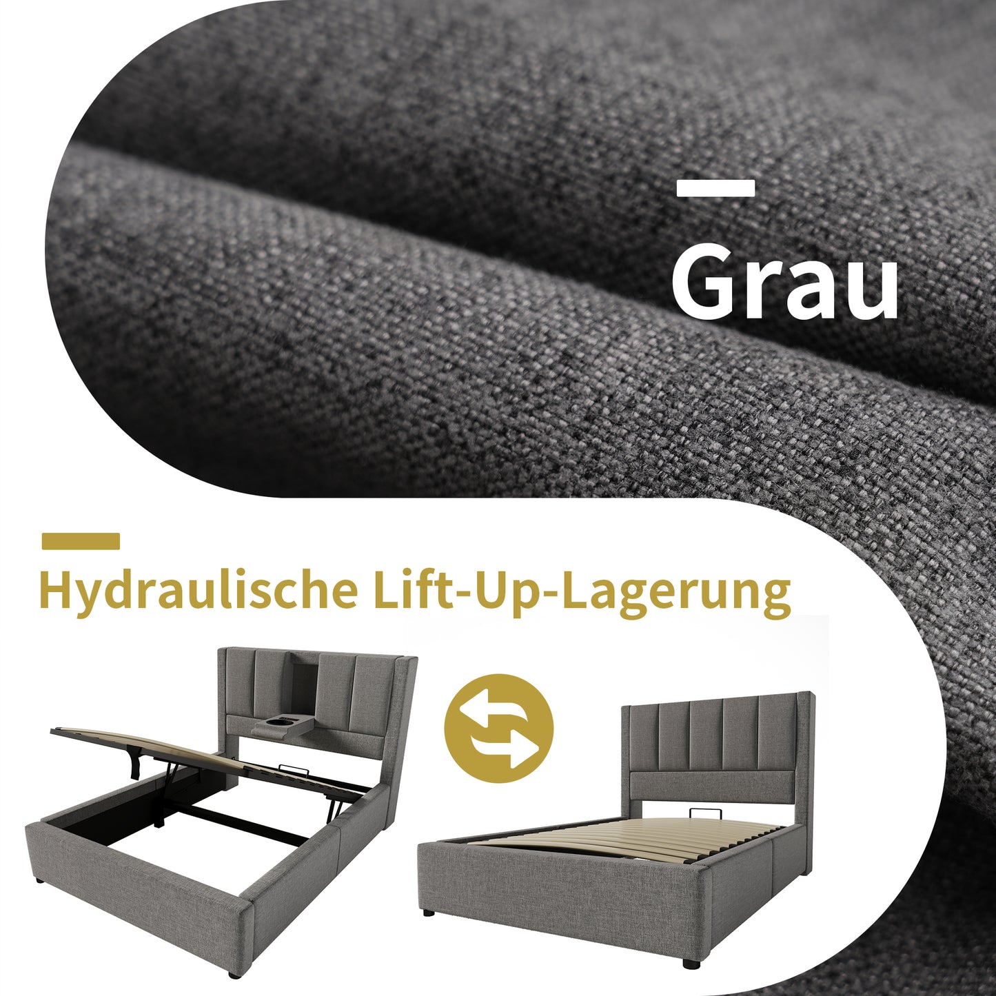 Upholstered Bed 90x200 Cm Single Bed With Hidden Cup Holder & Charging Station, Hydraulic Bed With Storage Space Under The Bed, Incl. Slatted Frame, Linen Grey Without Mattress