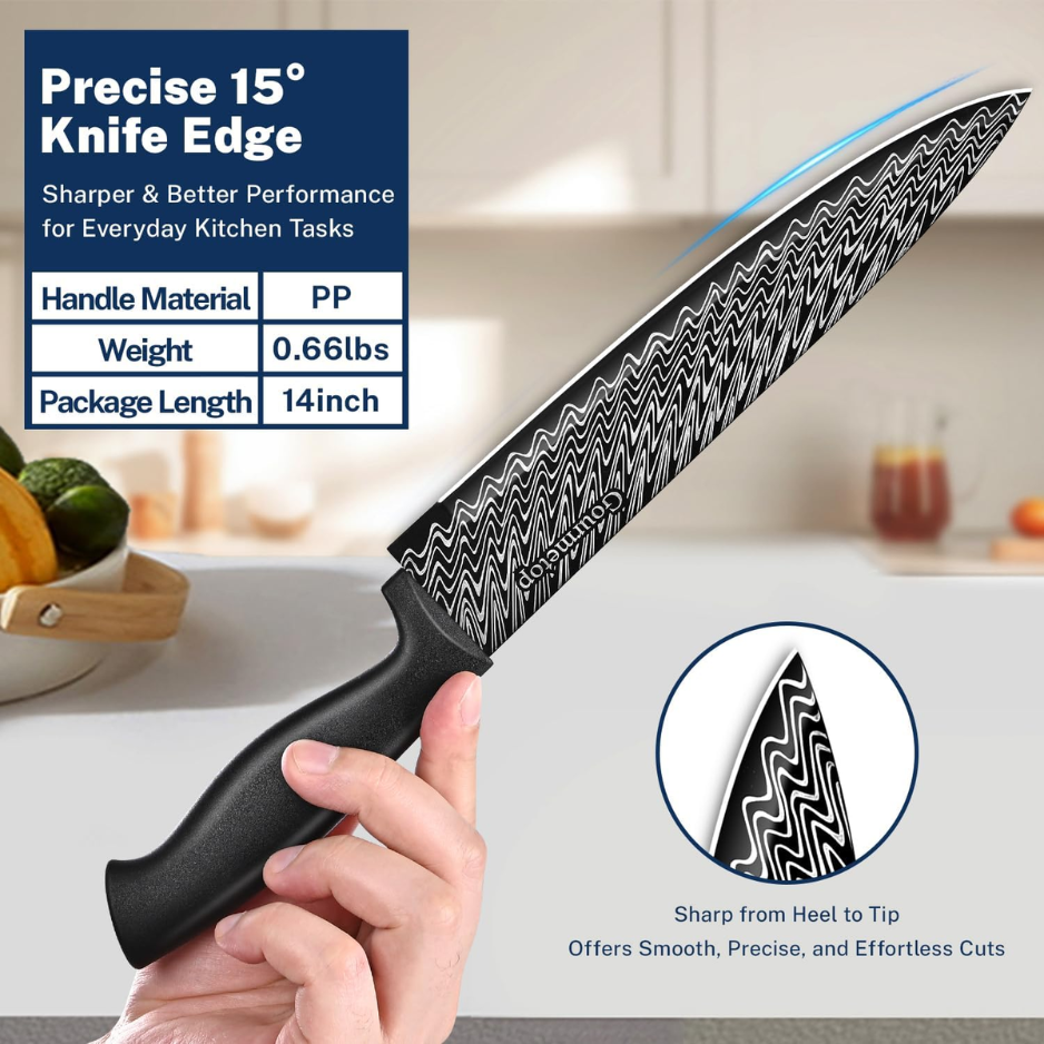 3-Piece Kitchen Knife Set With Blade Covers - Black Damascus Pattern Nonstick Chef, Utility & Paring Knives