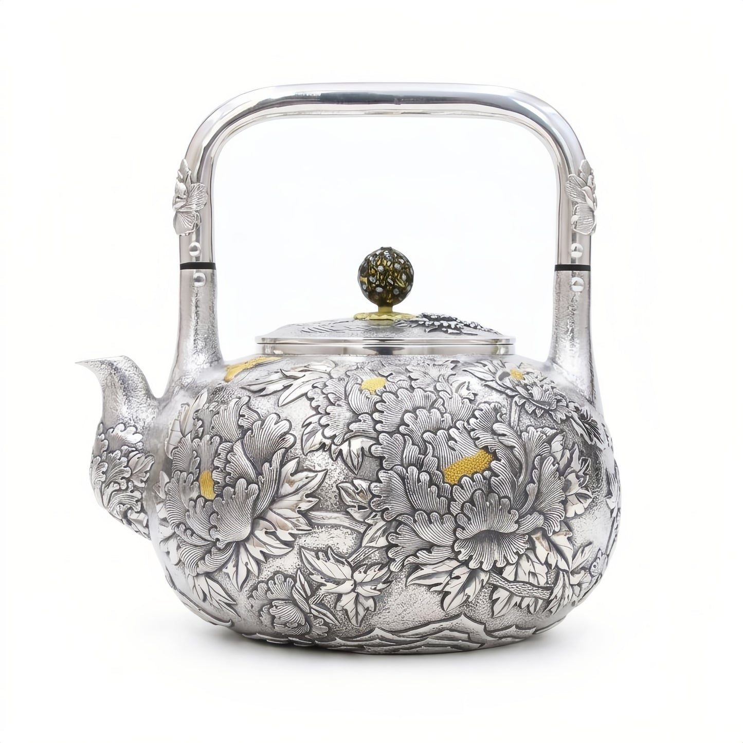 Pure 999 Fine Silver Handcrafted Sterling Silver Tea Kettle Featuring Elaborate Floral Motifs and Decorative Accents - Handicraft