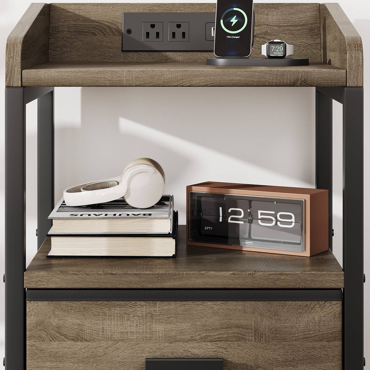Nightstand With Charging Station Modern Bedside End Side Table With Guardrail Storage Shelf 2 Fabric Drawers USB Ports AC Outlets