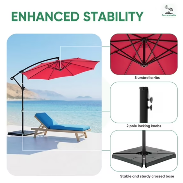 10ft Offset Hanging Outdoor Patio Umbrella With Base Stand Rotate And Tilt, 8 Ribs, UV Protection For Pool Garden Backyard Market, Red  Shipment From Walmart