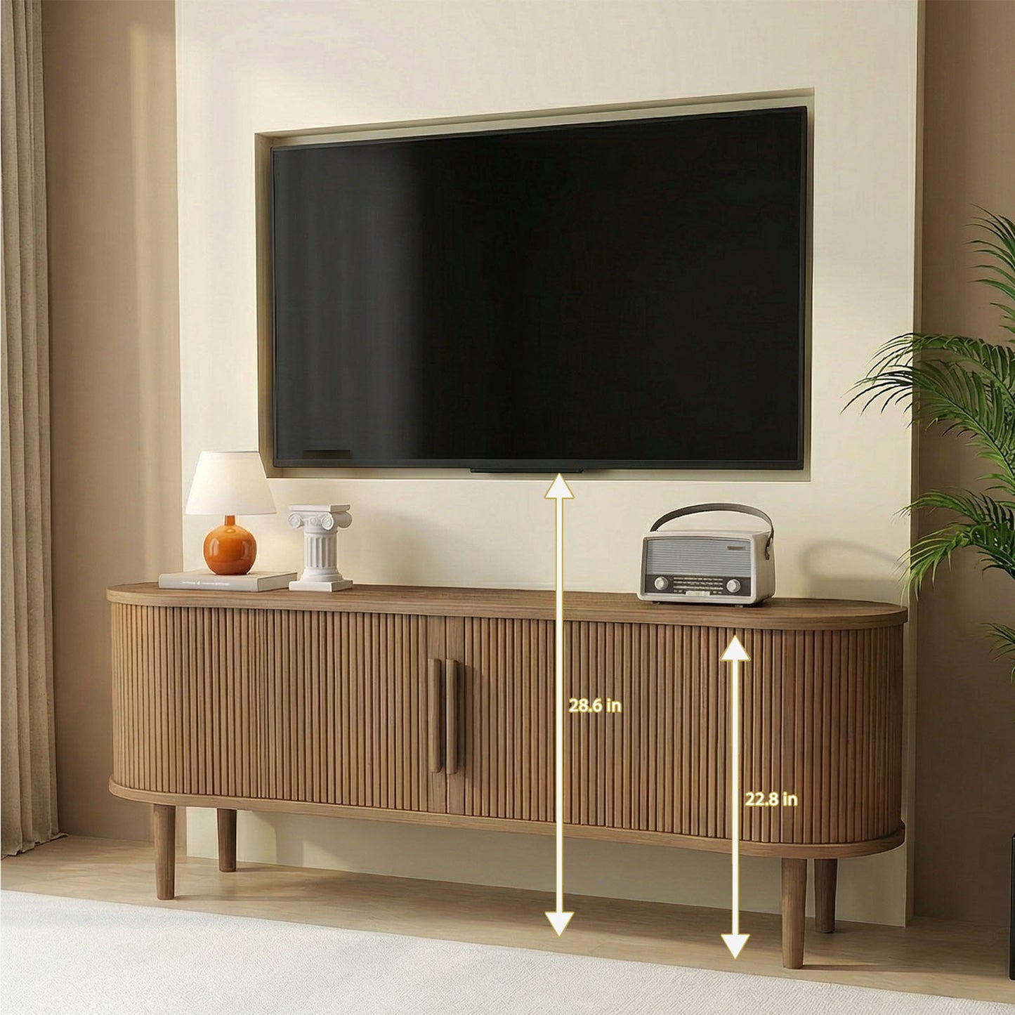 63in Fluted TV Stand Modern Media Console Table Entertainment Center With Sliding Door And Solid Wood Legs For Living Room Bedroom Office