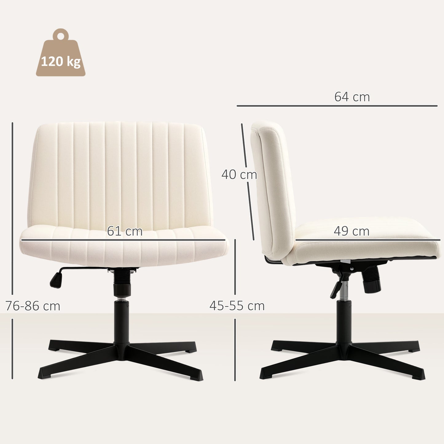 Armless Office Chair No Wheels, Linen Fabric Criss Cross Legged Desk Chair With Wide Seat, Thick Padding, Tilt Function, Height Adjustable Swivel Computer Seat For Home, Cream