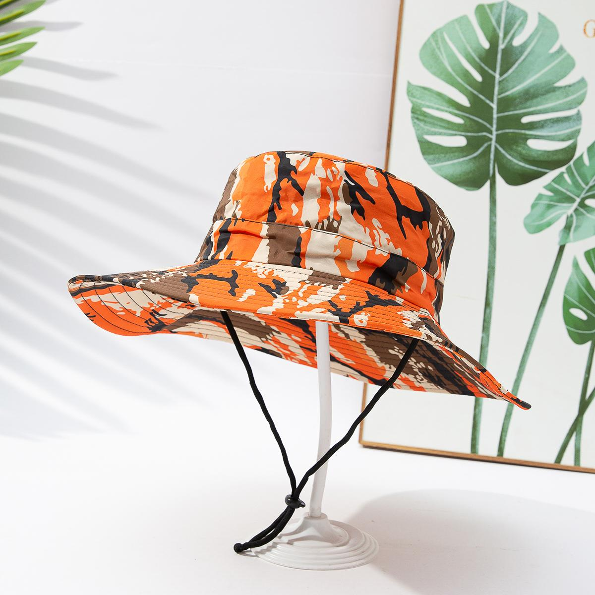 Men's And Women's Identical Color-matched Printed Wide-brimmed Collapsible And Portable Windproof Rope Outdoor Functional Style Fisherman Hat Suitable For Hiking, Fishing And Beach Activities.