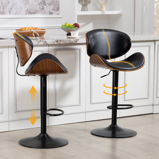 Swivel Bar Stools, Set Of 2, Height Adjustable Bar Stools In Curved Wood, Bar Chair With PU Leather Cover, Ergonomic Backrest And Footrest, For Bar, Kitchen Island At Home Black PU Leather