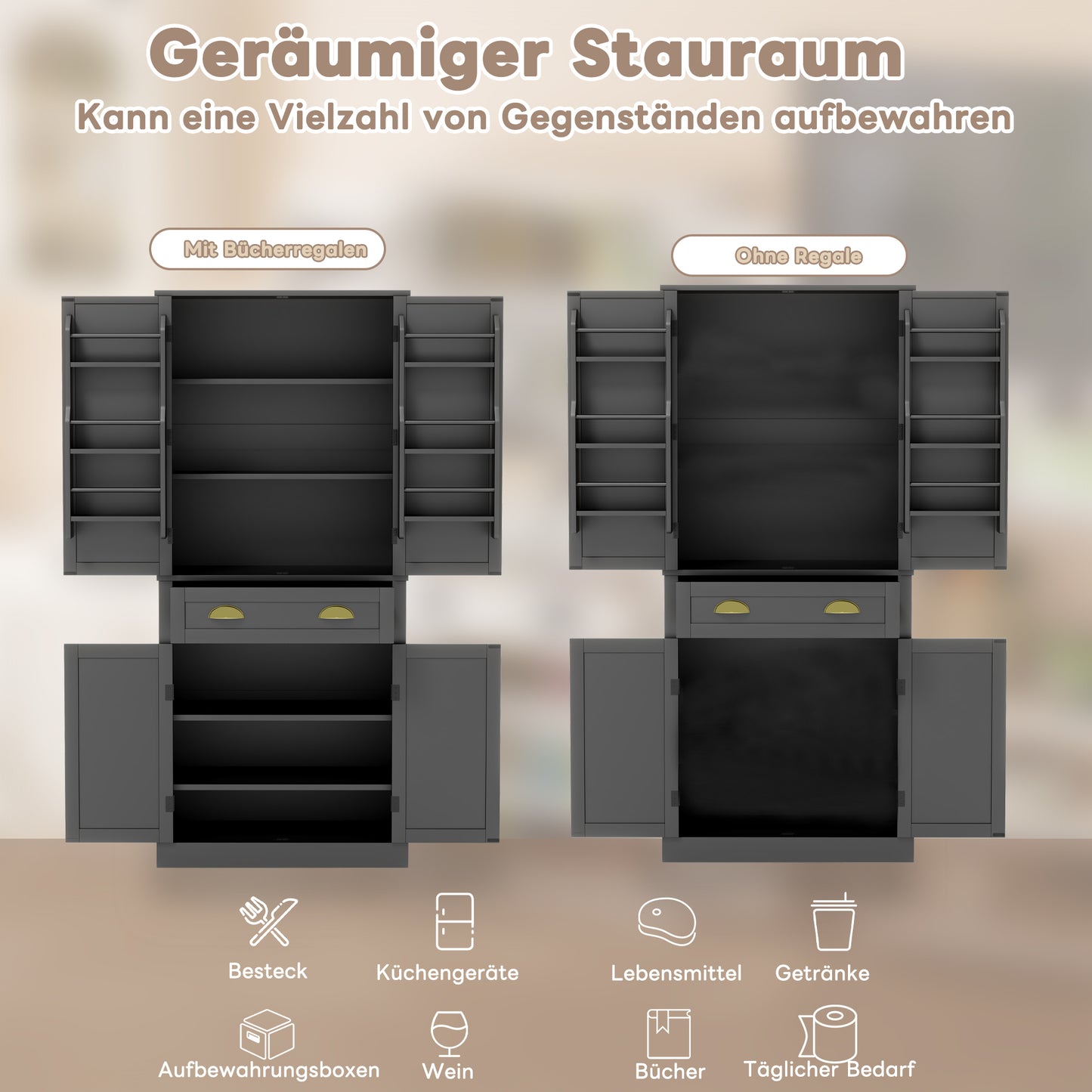 182 Cm Storage Cabinet, 4 Doors And 1 Drawer, 2 Doors With Shelves, 6 Storage Compartments And 4 Adjustable Shelves, Suitable For Kitchen, Dining Room And Living Room, Black