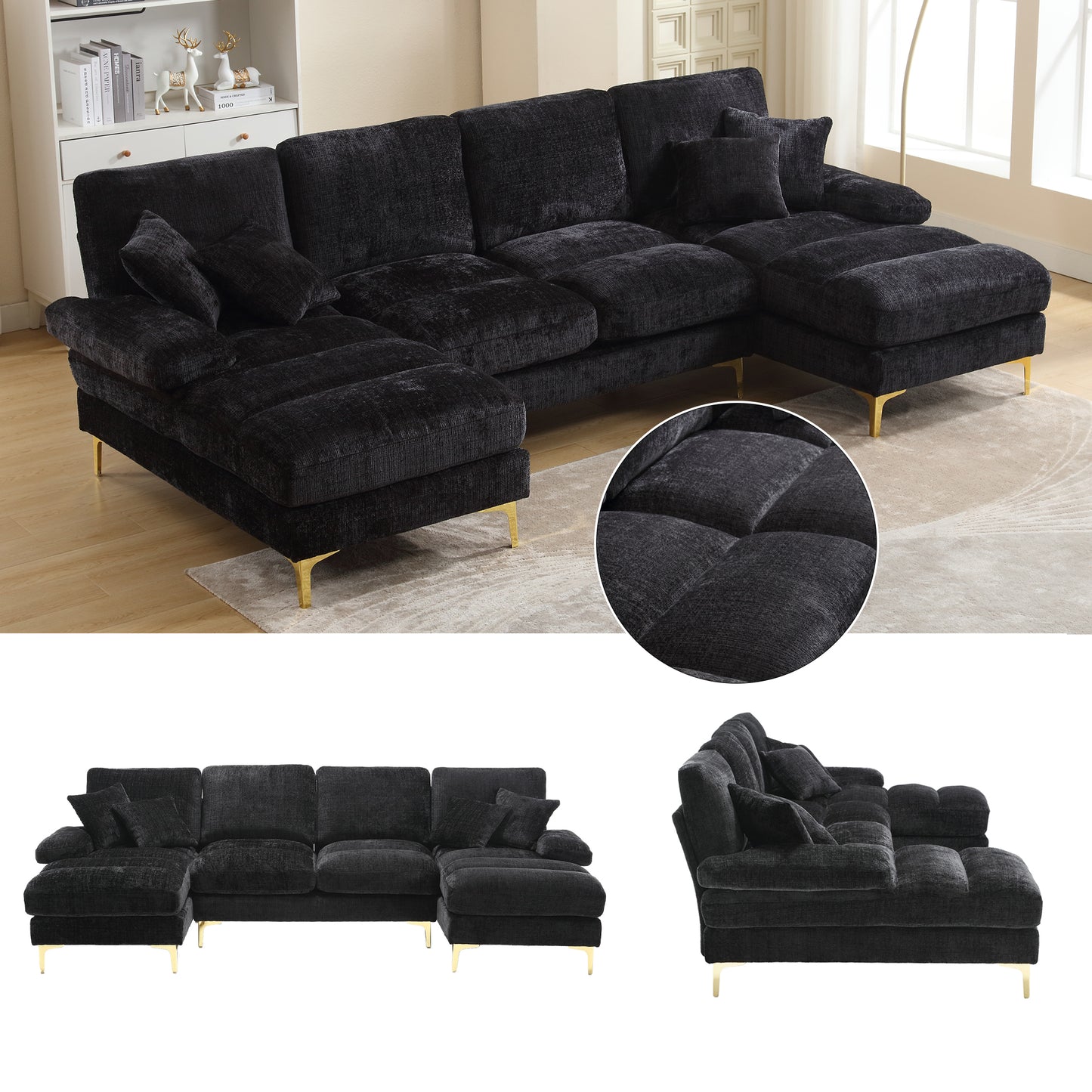 Old SKU W1880S00025 Modern Large Chenille U-Shape Sectional Sofa With Double Reclining Seats For Living Room Bedroom Office Apartment Villa Living Room Home By The Fireplace