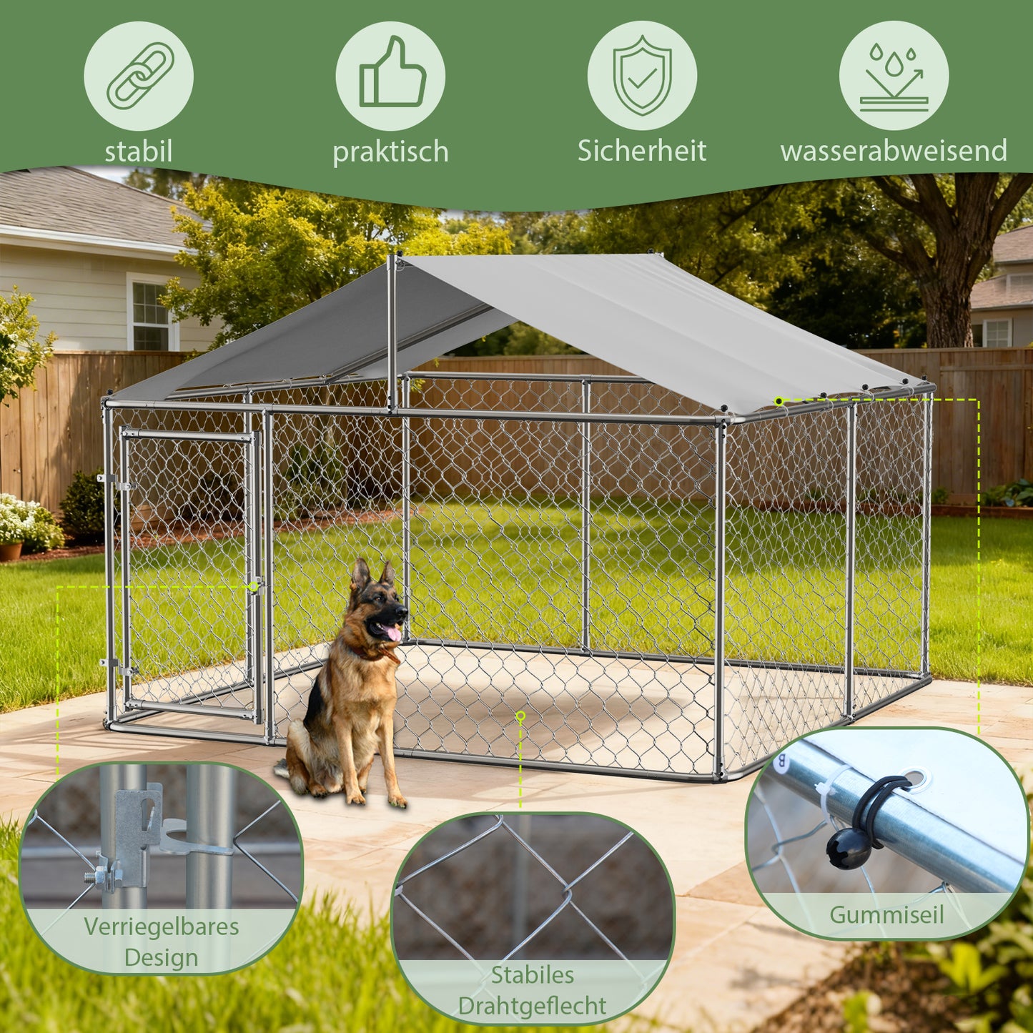 Outdoor Dog Kennel 230x230x117 Cm With Roof - Heavy Duty Identification Screen Made Of Galvanized Steel Tube With Lockable Safety Door - UV-Resistant & Waterproof Cover For Garden
