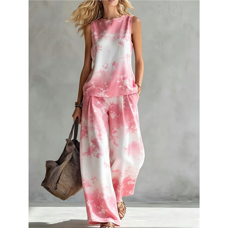New-style Rainbow Tie-dye Sleeveless Crew-neck Top And Wide-leg Pants Womens Casual Two-piece Set