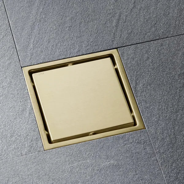 6 Inch Square Shower Drain With 2-in-1 Flat & Tile Insert Removable Cover, 304 Stainless Steel With Flange And Hair Strainer, Brushed Gold