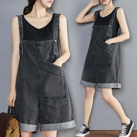 Womens Denim Overalls Summer Loose-Fit Korean-Style Cropped Pants