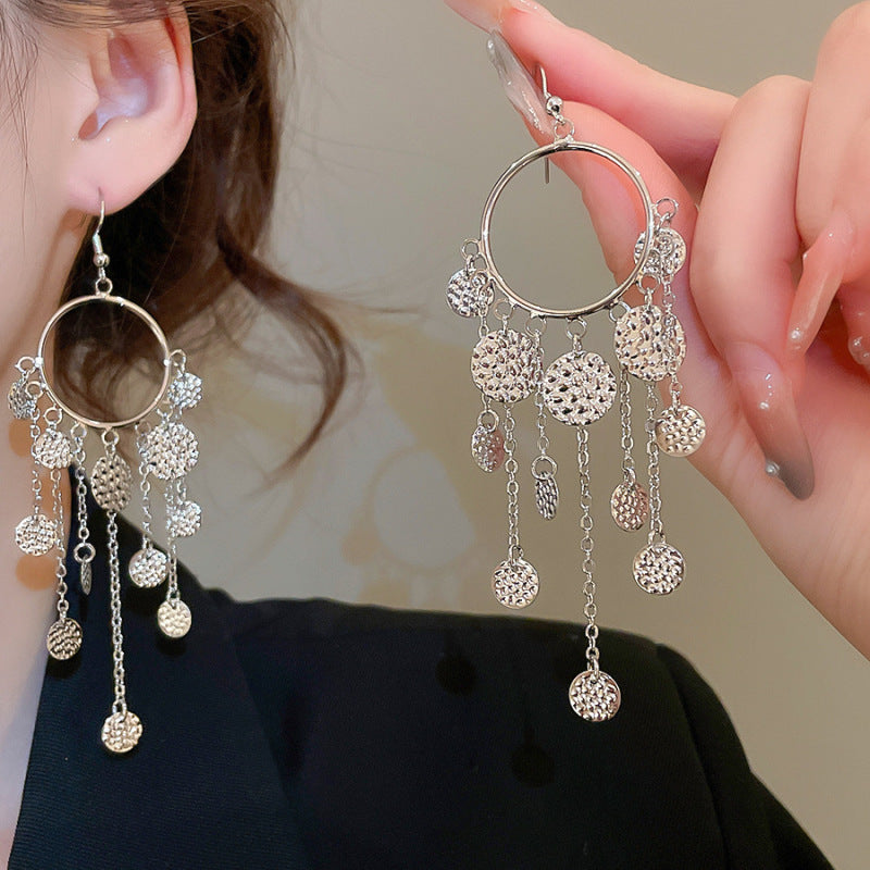 Silver Needle Metal Texture Round Tassel Earrings For Women Fashion Personality Versatile Luxury