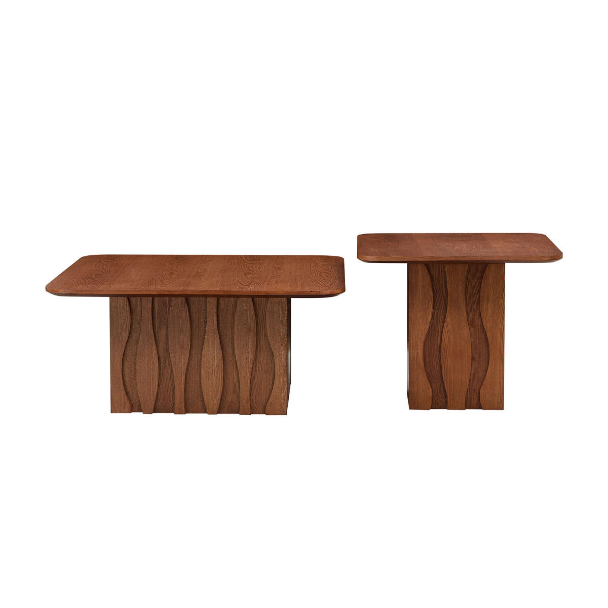 2PCS Nesting Square Coffee Table Set for Living Room,Mid-Century Wavy Fluted Base Tables, End Side Tables for Leisure Area,Office,Brown
