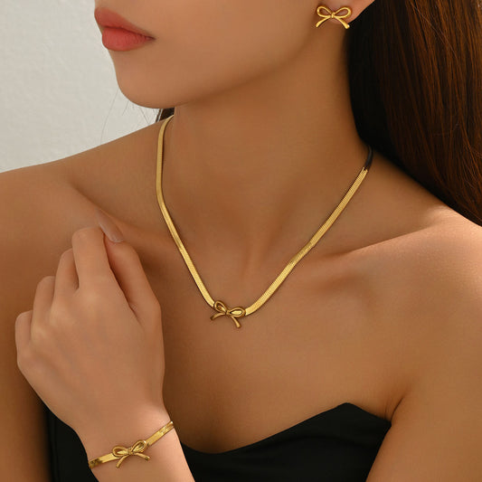 Cross-border European American Women Jewelry Set, Niche Premium Texture Geometric Bowknot Design Matching Necklace & Versatile Ear Accessories