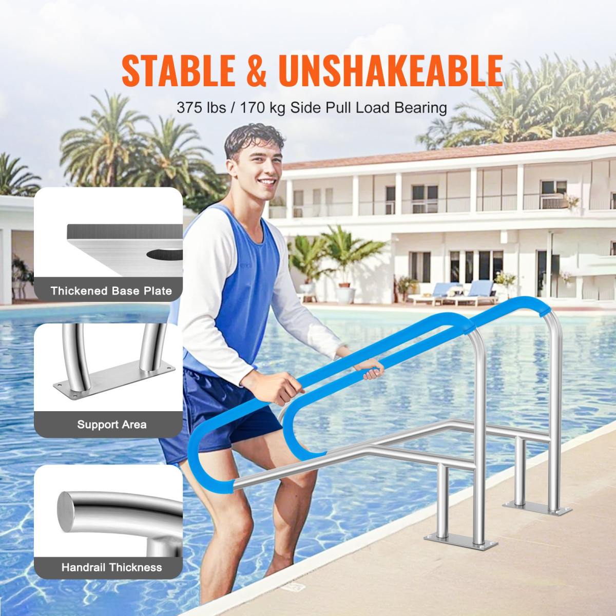 Pool Handrail, 55 X 32 Inch Railing, Stainless Steel With Base Plate For Indoor Outdoor Pools, Safety Railing For Decks, Rust-Proof Grab Bar With Grip Cover & Accessories For Spas