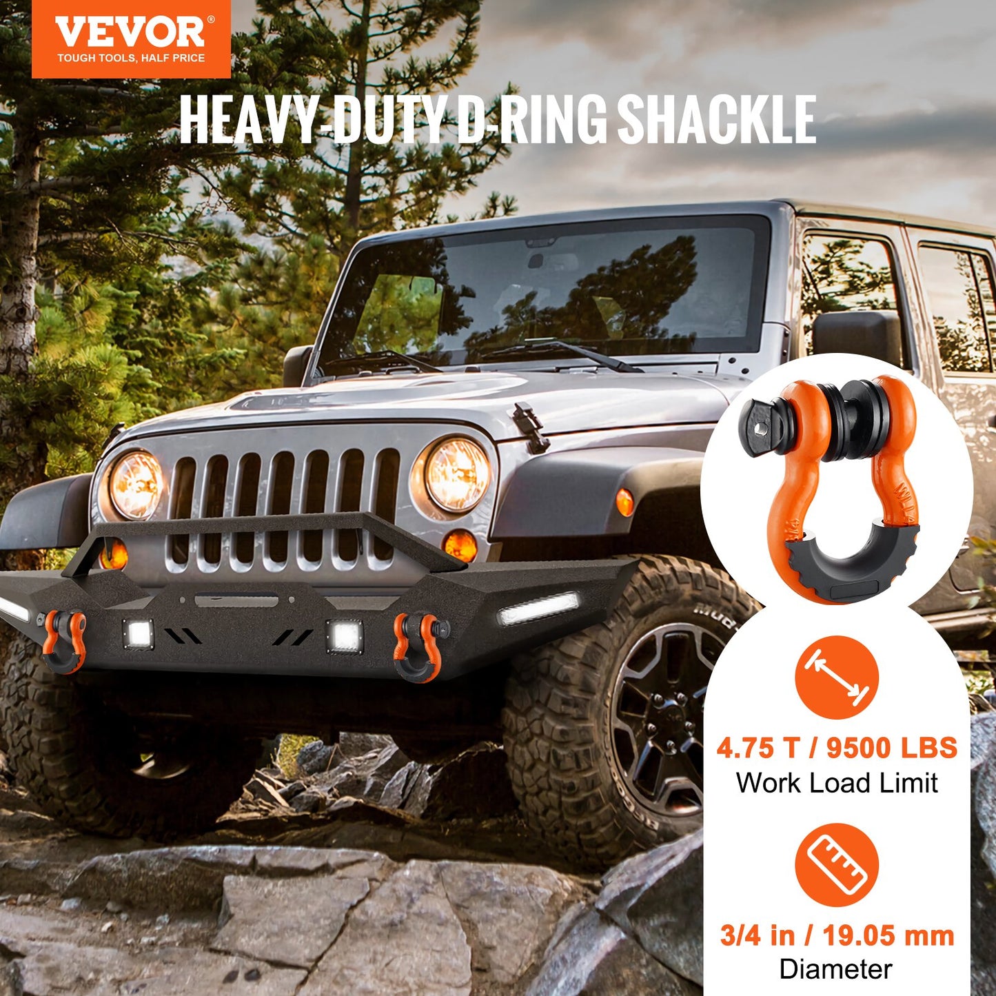 3/4" D-Ring Shackle, 2 Pack Alloy Steel Shackles 62832 Lbs (28.5 Ton) Break Strength With 7/8" Screw Pin, Isolators & Washers, Heavy Duty Off Road Vehicle Recovery Shackle For Jeep Truck, Orange