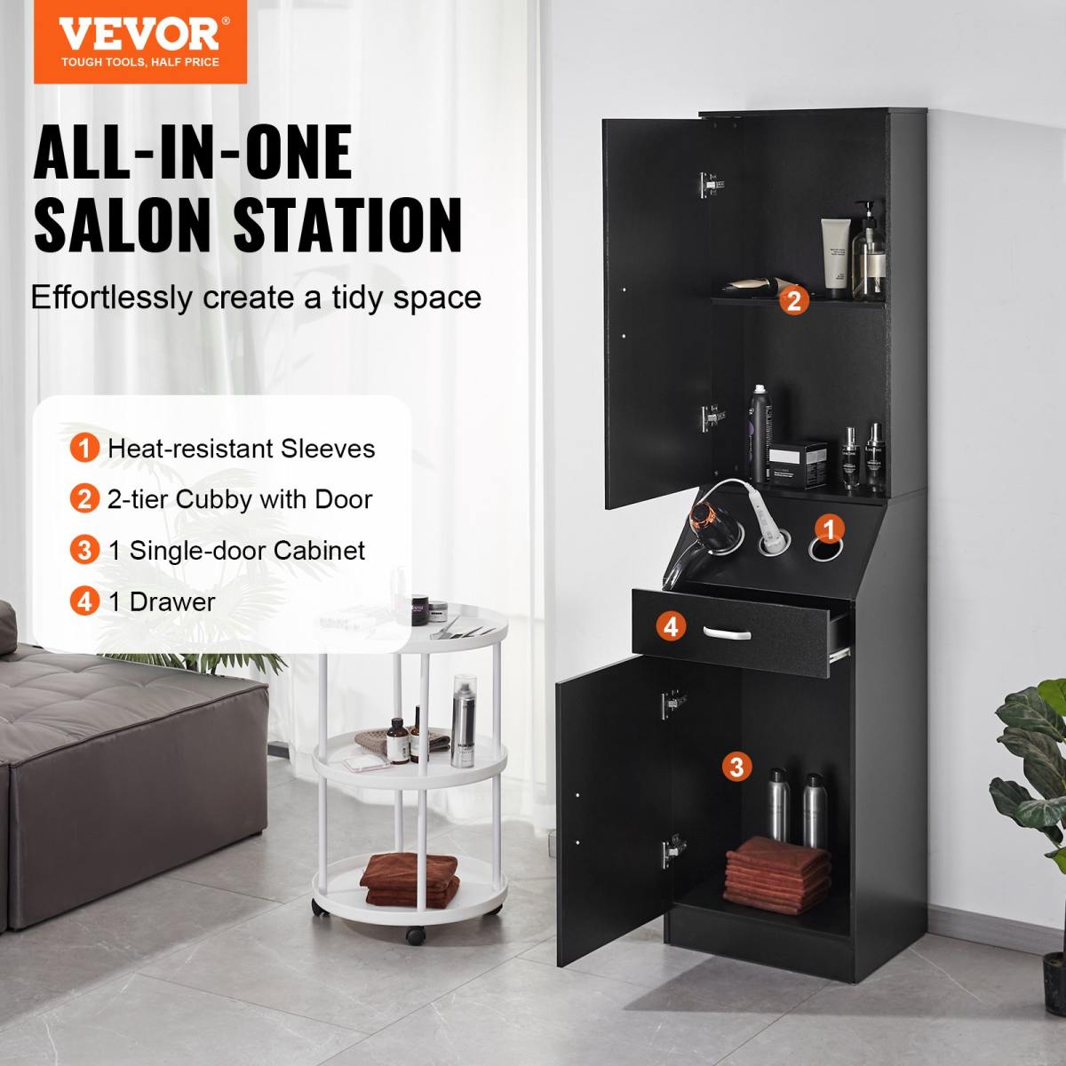 Salon Organizer, Station Unit For Hair Professionals, Equipped With 3 Holders For Hair Dryers, Storage Spaces, And A Single Drawer, In Black