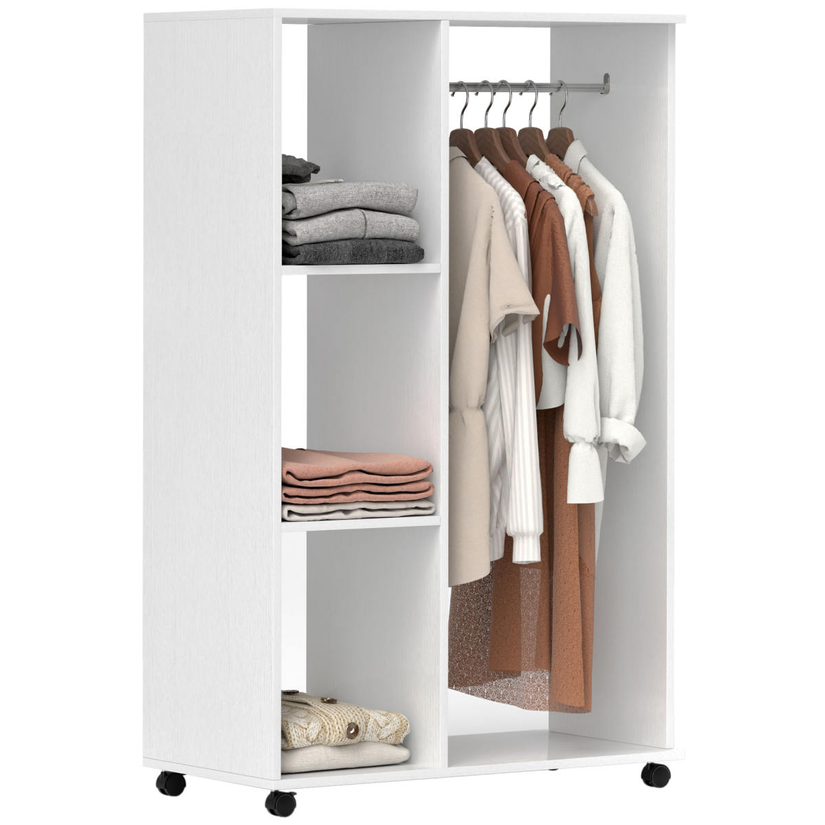 Open Wardrobe On Wheels, Bedroom Wardrobe With Clothes Hanging Rail, 3 Storage Shelves, Mobile Garment Rack For Cloakroom, Hallway, White