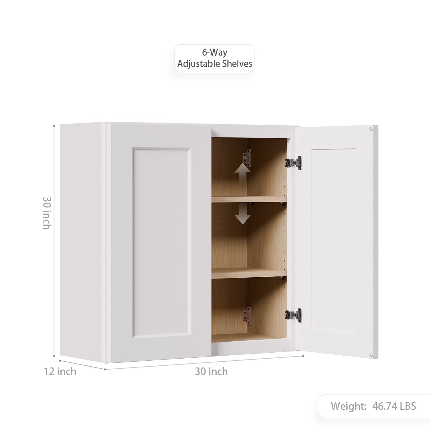 White Shaker Solid Wood Wall Cabinet With Soft-Close Doors, Adjustable Shelves - 30  Double Door Storage For Kitchen, Bathroom, Laundry, Garage  Easy Assembly, 30 W X 12 D X 30 H
