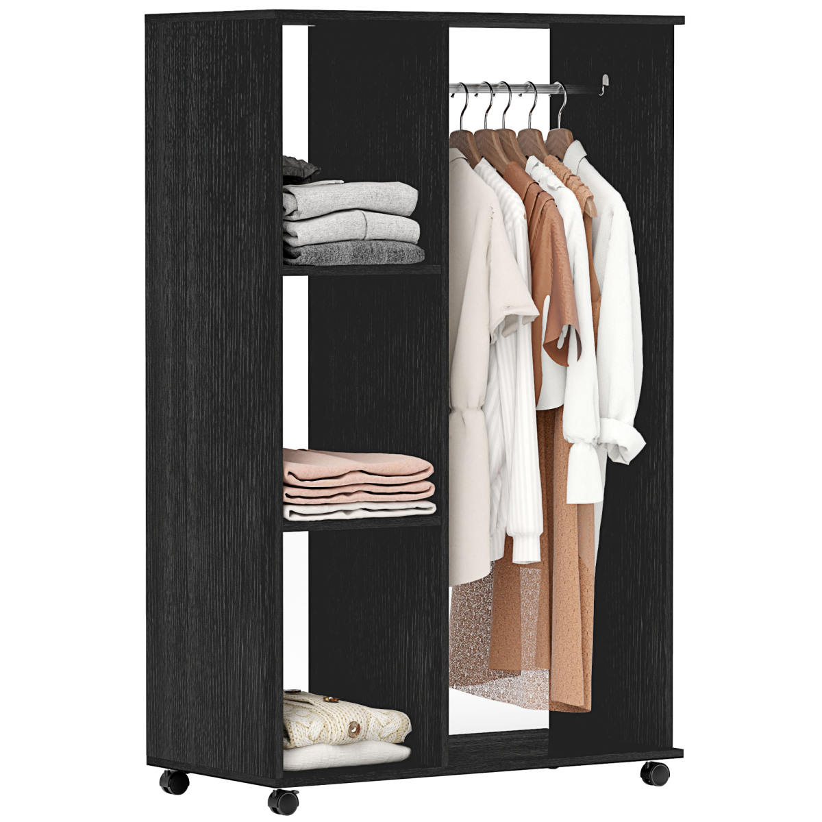 Open Wardrobe On Wheels, Bedroom Wardrobe With Clothes Hanging Rail, 3 Storage Shelves, Mobile Garment Rack For Cloakroom, Hallway, Black