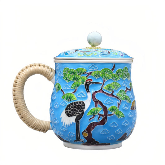 925 Sterling Silver Hand-Painted Blue Cloisonné Crane and Pine Tree Tea Mug with Rattan Handle - Handicraft